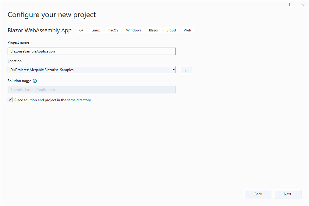 Configure your new project dialog